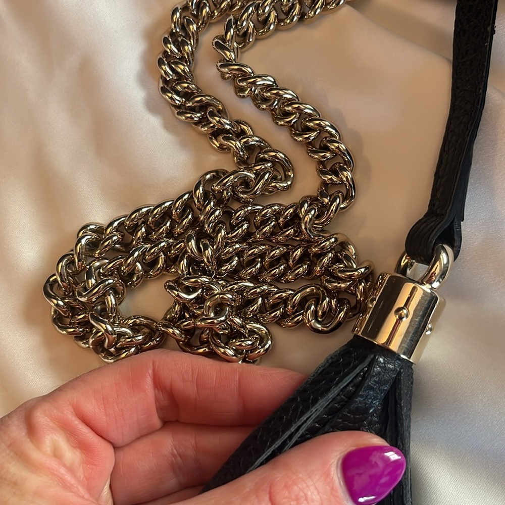 Gucci Soho Interlocking GG Black Leather Gold Chain Flap Shoulder Bag Purse - Picture 15 of 17